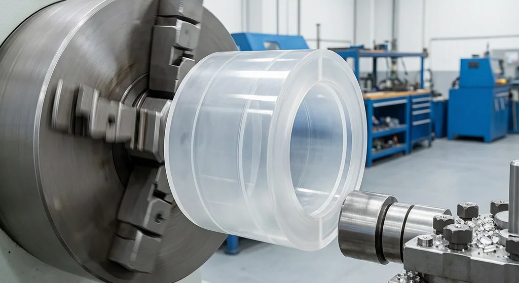 CNC turning acrylic PMMA bushing on lathe